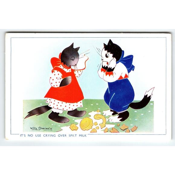 Dressed Cats Postcard Kittens Willy Schemele No Use Crying Over Spilled Milk UK - Picture 1 of 2